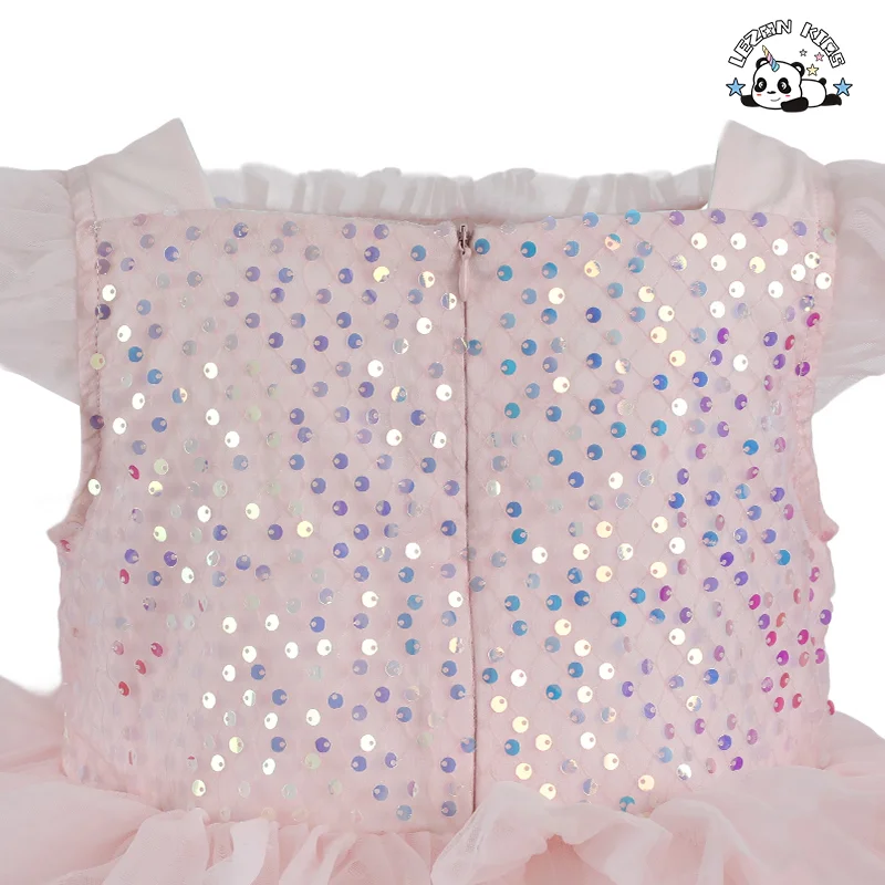 LEZONKIDS - Vestido de festa personalizado com manga franzida e estampa de lantejoulas para meninas de 2 a 14 anos
